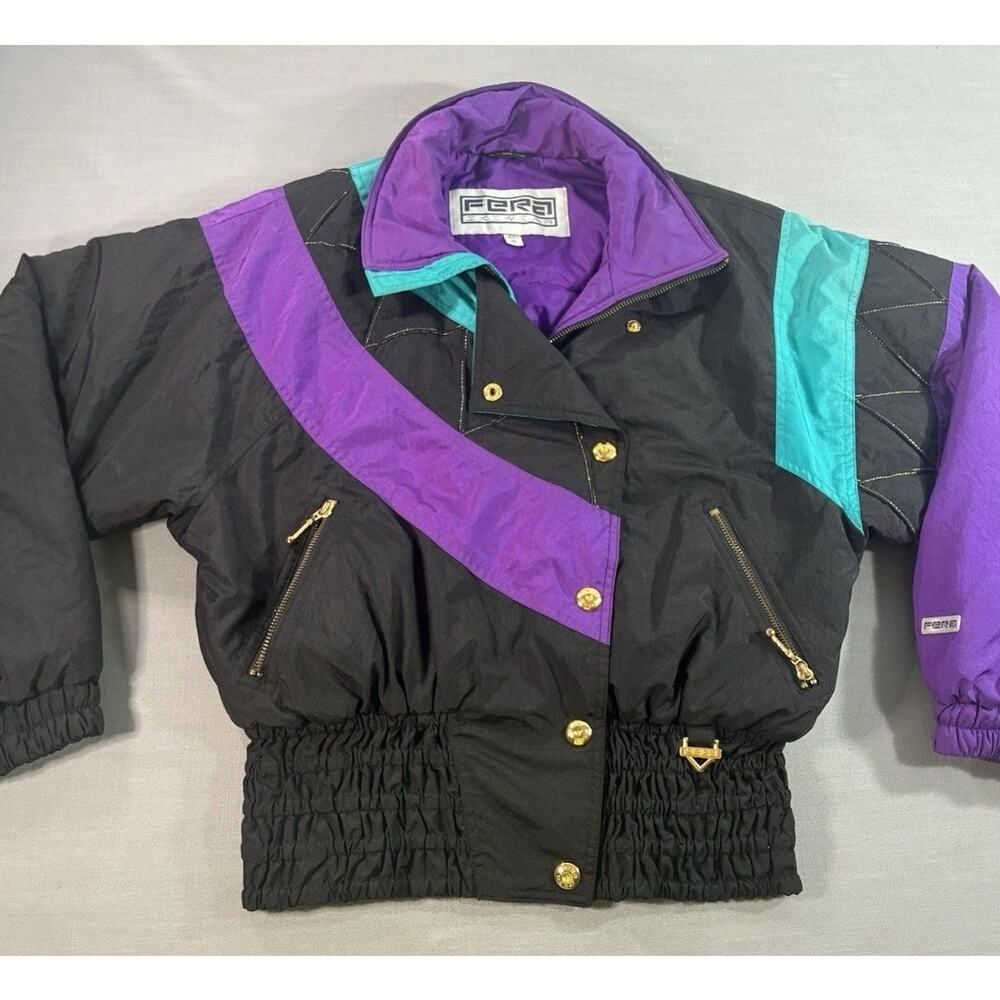 Vintage Fera Skiwear Puffer Jacket Women's 10 Retro 90s Teal Purple Colorblock